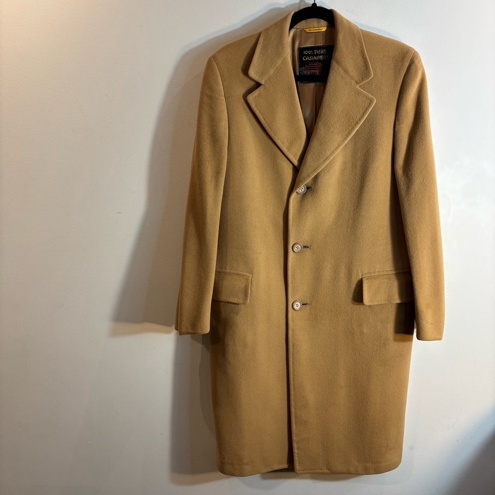 THE FOURSOME Sz L (estimated) 100% Cashmere Camel Coat Union Made Peak Lapel